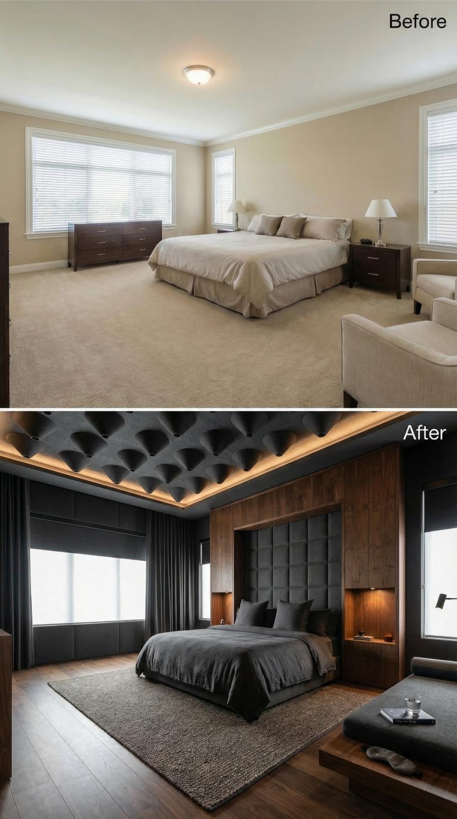 Dark Walnut Paneling and Acoustic Ceiling Tiles Replaced Every Inch of Beige