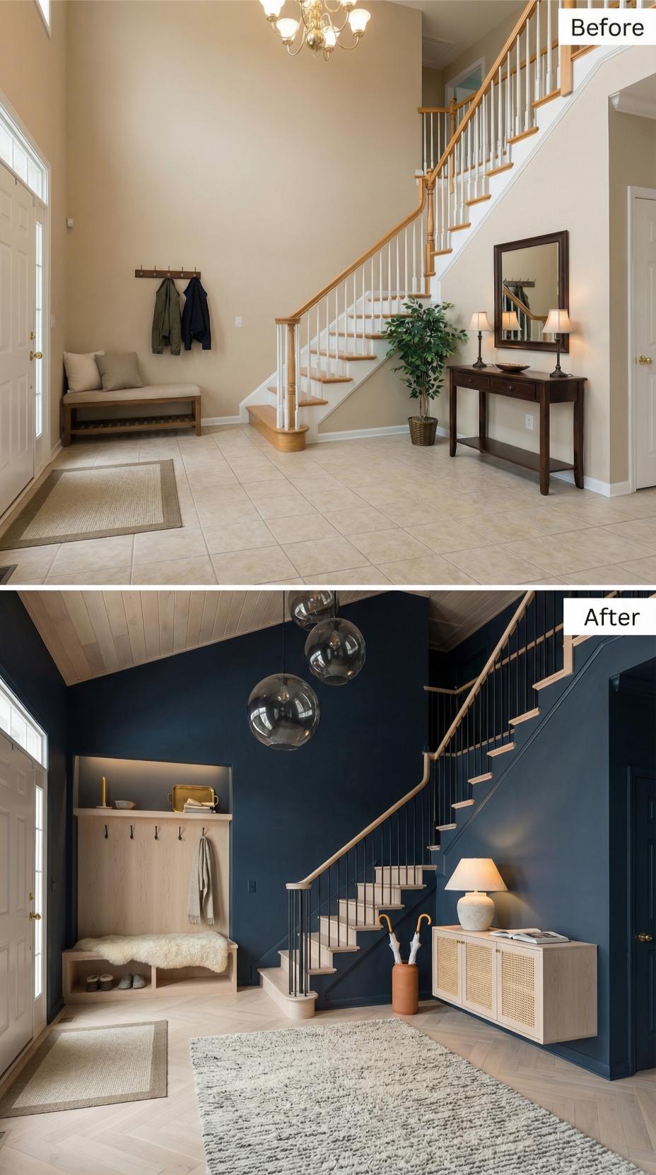 Navy Paint and Globe Pendants Replace Beige Walls in a Two-Story Foyer
