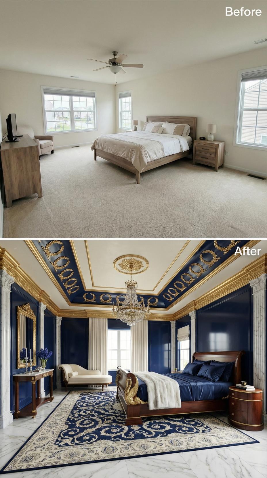 Navy Lacquer, Gold Laurel Moldings, and a Chandelier That Means Business