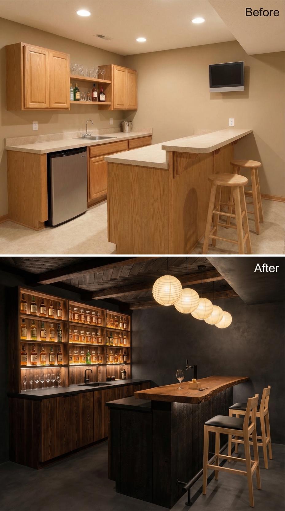 Herringbone Cedar Ceiling Anchors Moody Black-Walled Bar Conversion