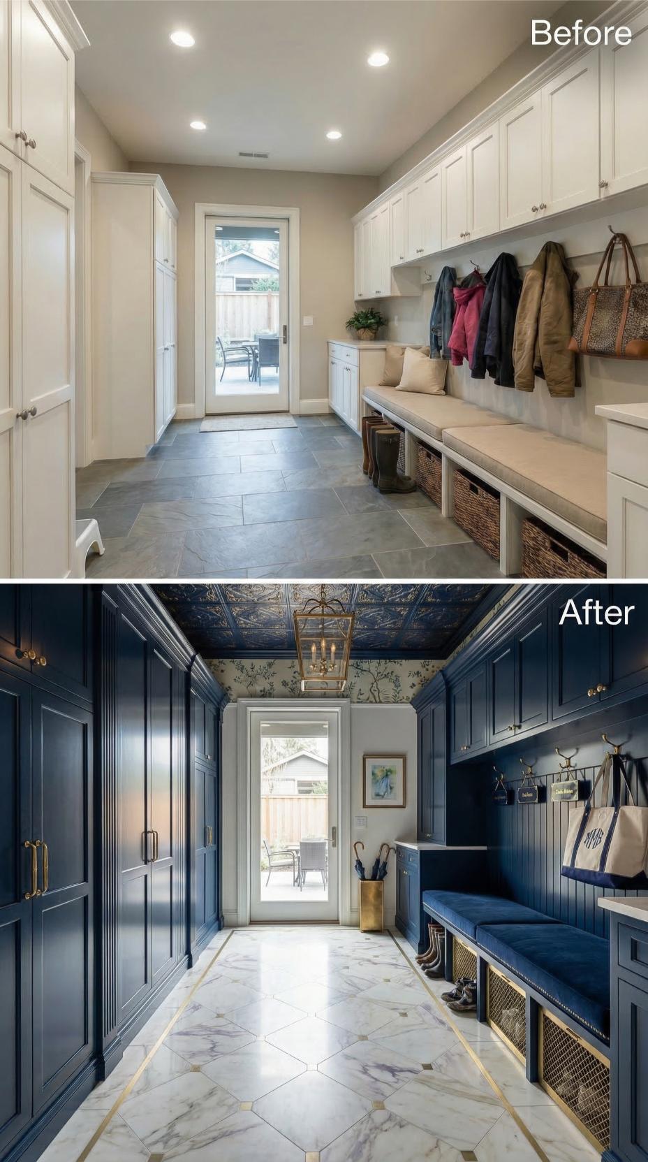 White Oak Elegance Gives Way to Navy Lacquer and Gold Grout Drama