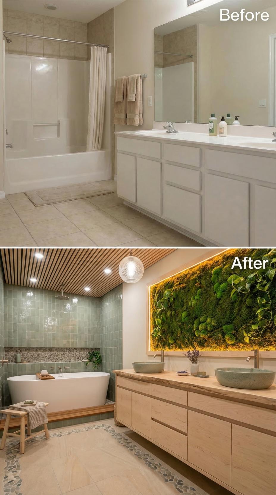 Warm Wood and Living Moss Wall Replace Standard White Vanity