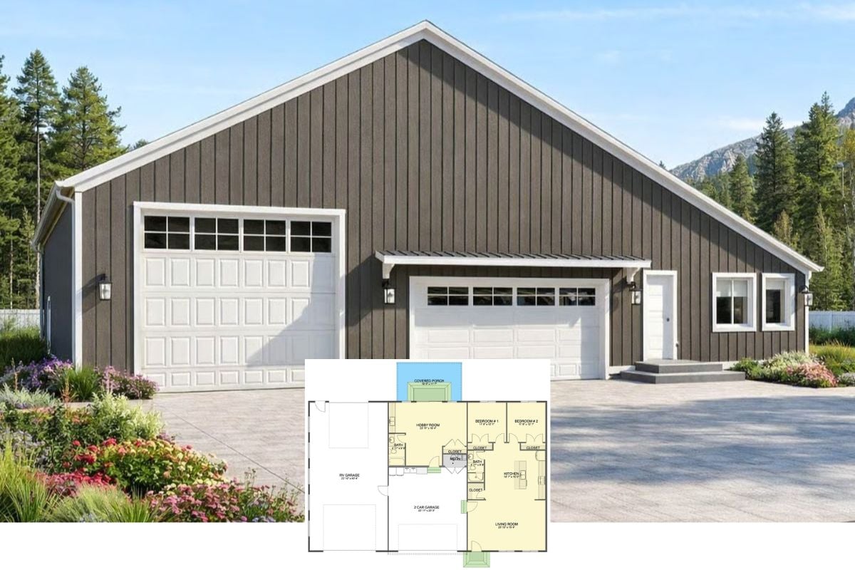 2-Bedroom Barndominium with Covered Patio and RV Garage (Floor Plan)