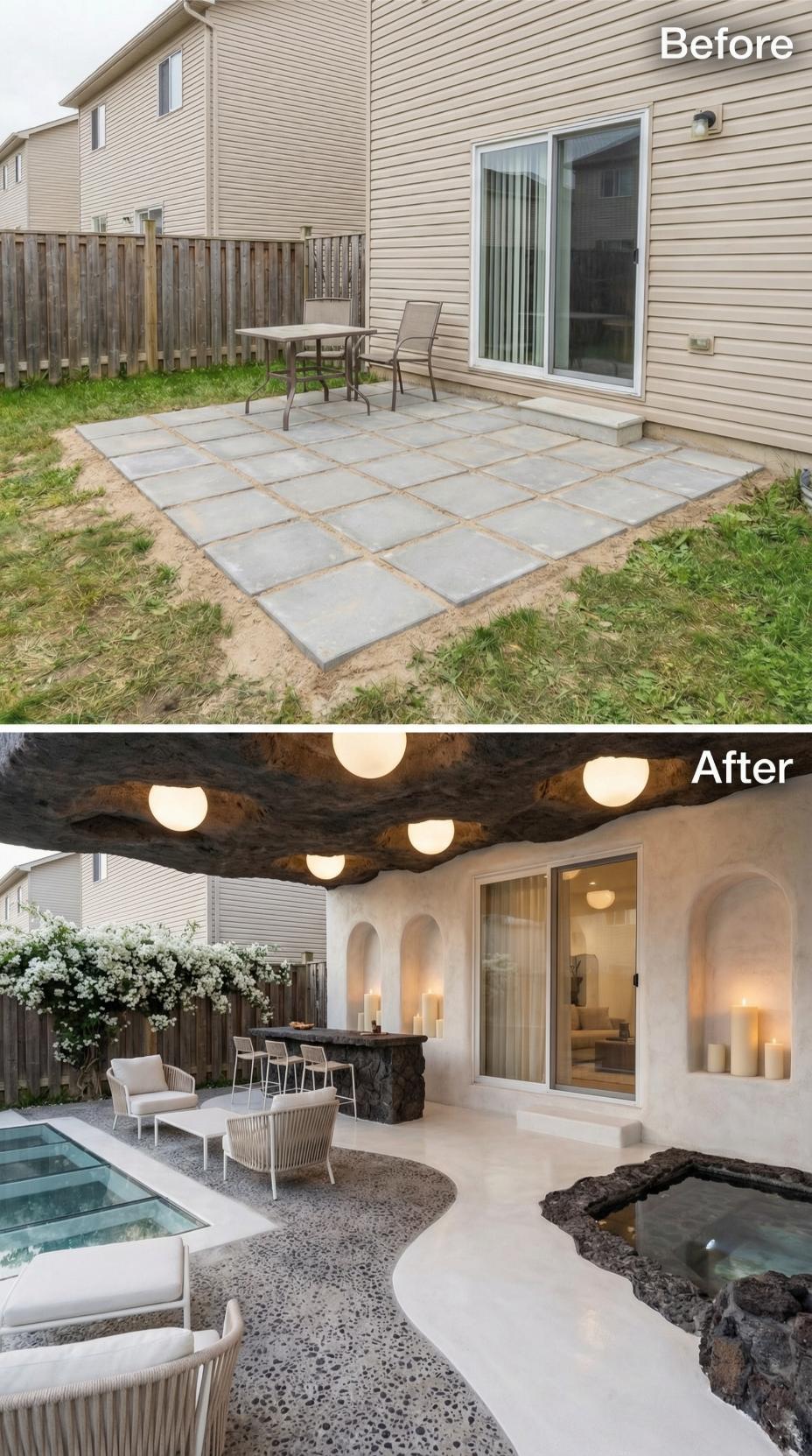 Stucco Arches and Live-Edge Pergola Replace Builder-Grade Pavers