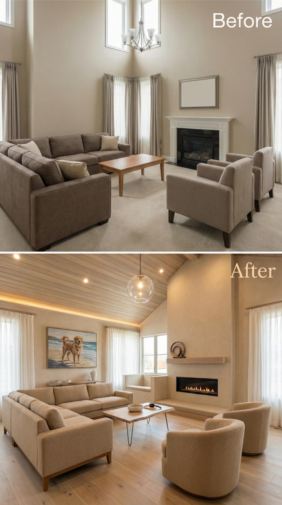 Wood Plank Ceiling and Amber Cove Lighting Oust Neutral Carpeted Sprawl