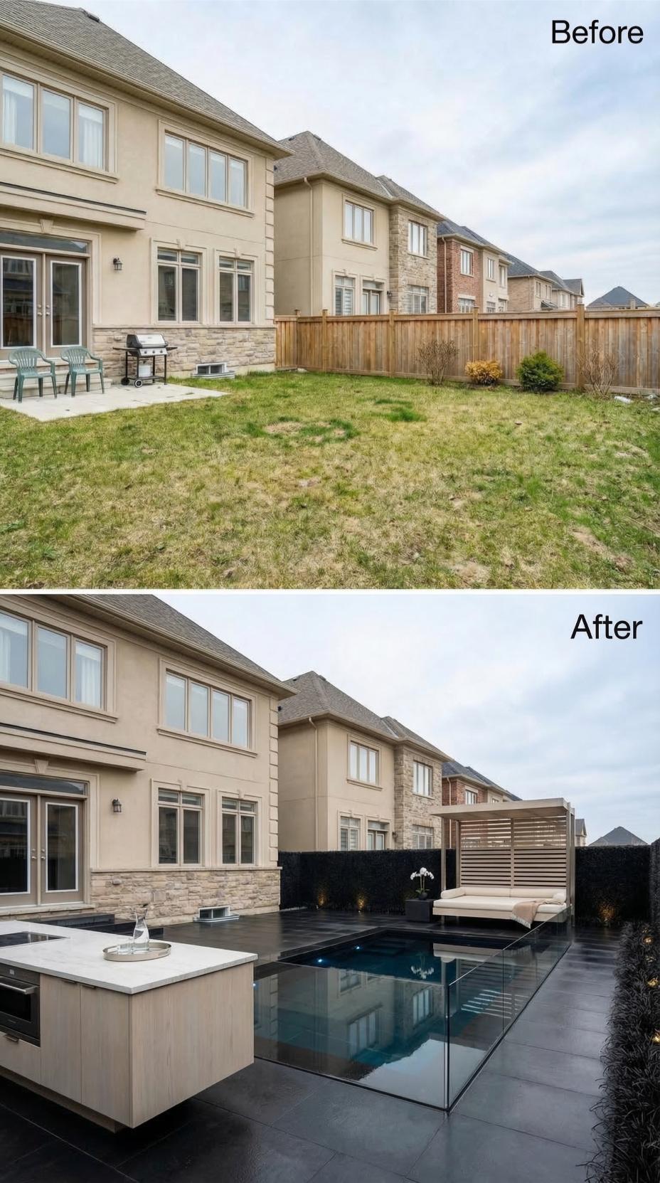 Black Porcelain, Glass Pool Fencing, and an Outdoor Kitchen Island Replace a Patchy Grass Yard