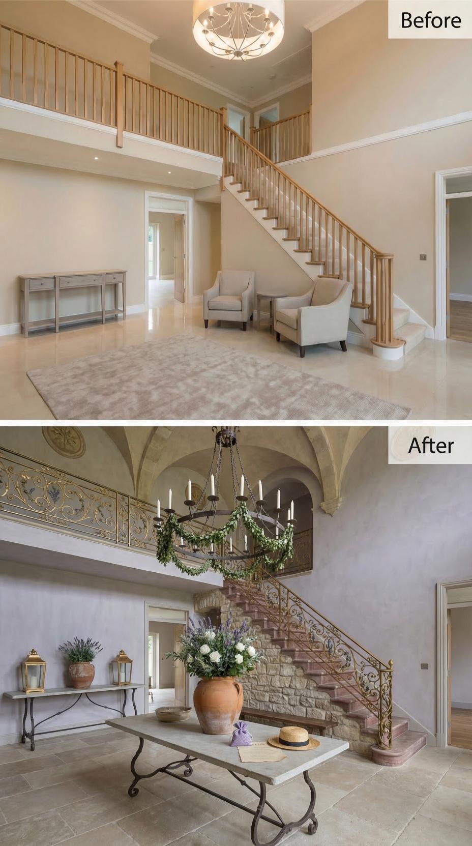 Groin-Vaulted Ceiling, Wrought-Iron Scrollwork, and Limestone Stairs Consumed a Beige Builder Shell