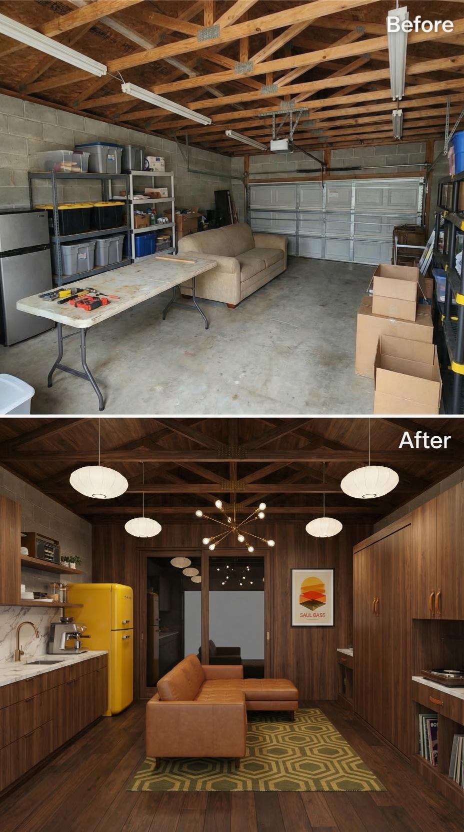 Walnut Paneling, a Yellow SMEG, and Sputnik Lighting Gave One Cluttered Garage a Mid-Century Lounge Interior