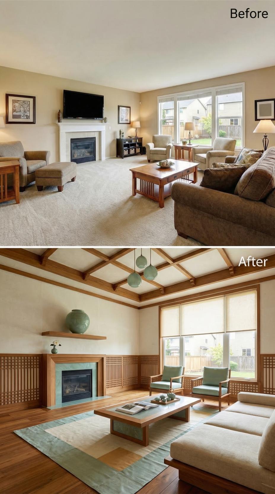 Bamboo Lattice Wainscoting and a Coffered Ceiling Retired the Carpet for Good