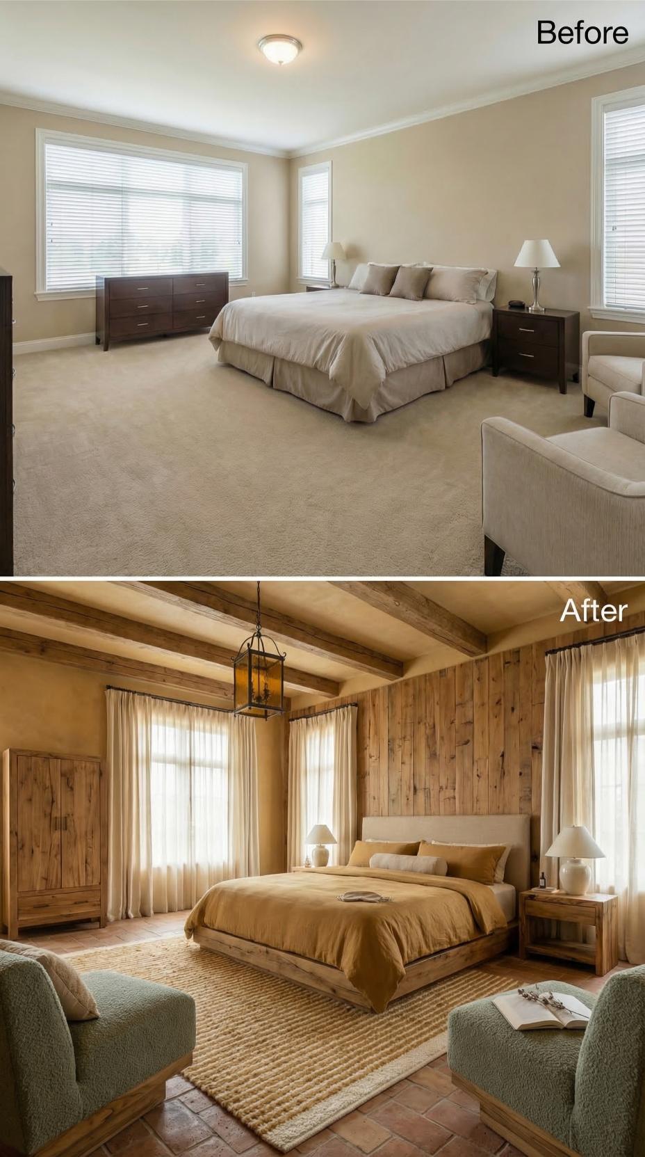 Exposed Ceiling Beams and Knotted Jute Replaced Flush Mounts and Beige Carpet