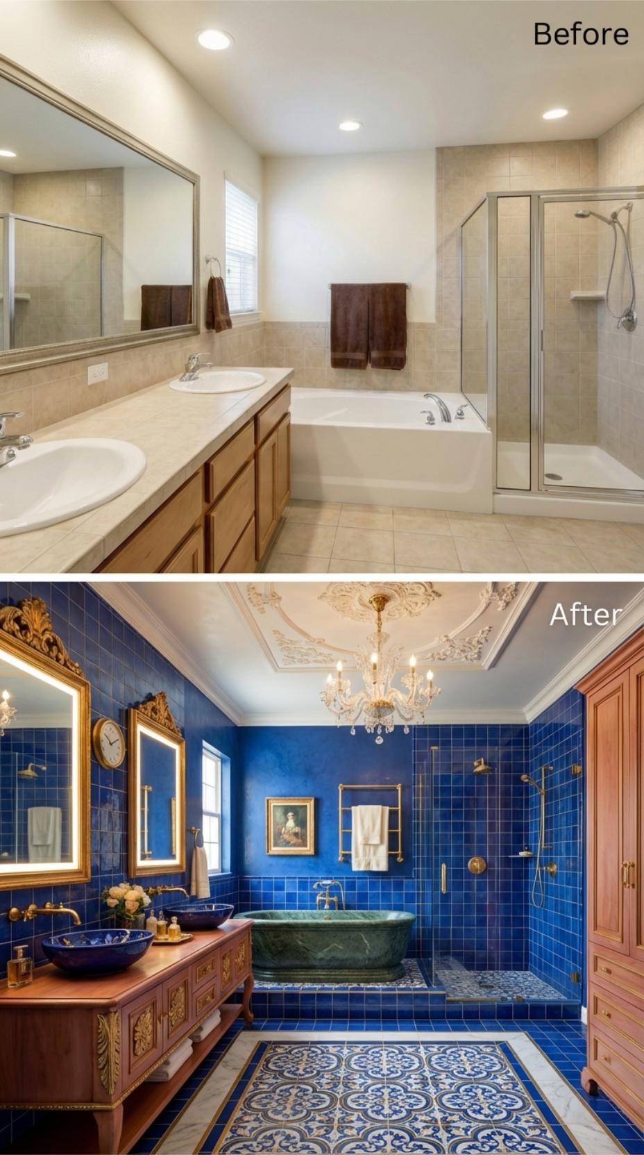 Royal Blue Tile, a Green Marble Tub, and Gold Hardware Erased Every Trace of Builder Beige