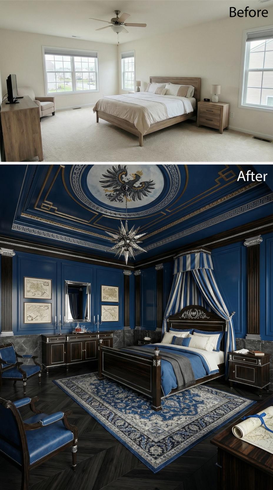 Cobalt Blue Lacquered Walls, Heraldic Ceiling Medallion, and Dark Walnut Canopy Bed