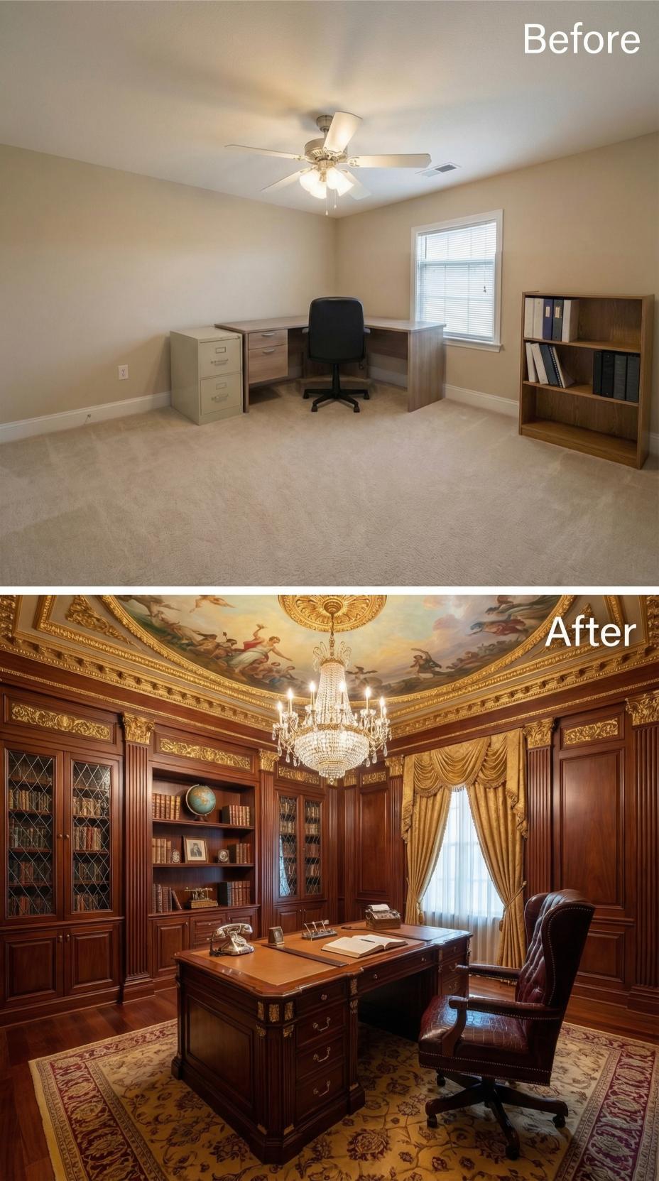 Palatial Library with Frescoed Ceiling and Floor-to-Ceiling Mahogany Built-Ins