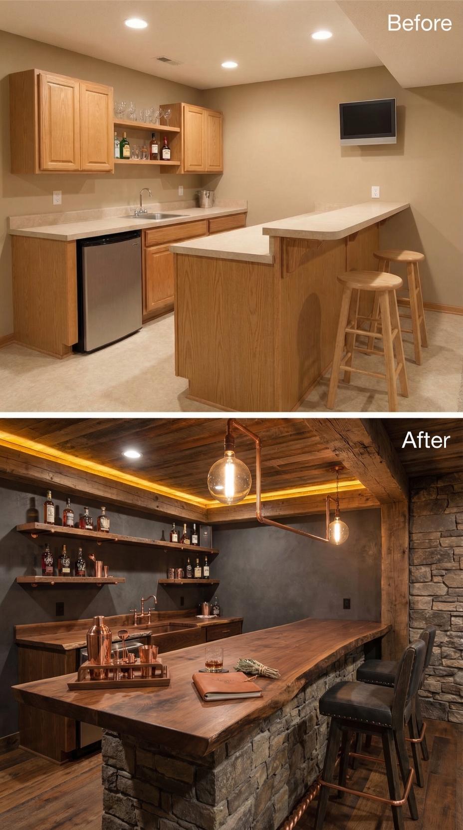Charred Wood Ceiling Beams and Stone Island Replace Oak Wet Bar