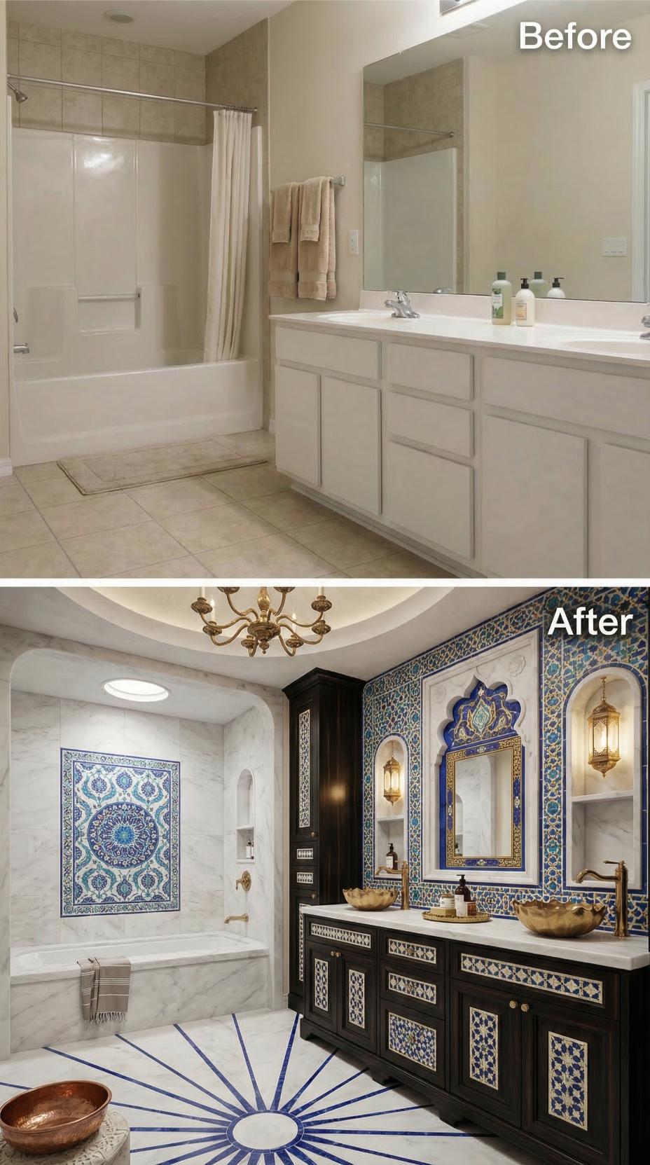 Moroccan Zellige Tile and Dark Mahogany Vanity with Brass Lantern Sconces
