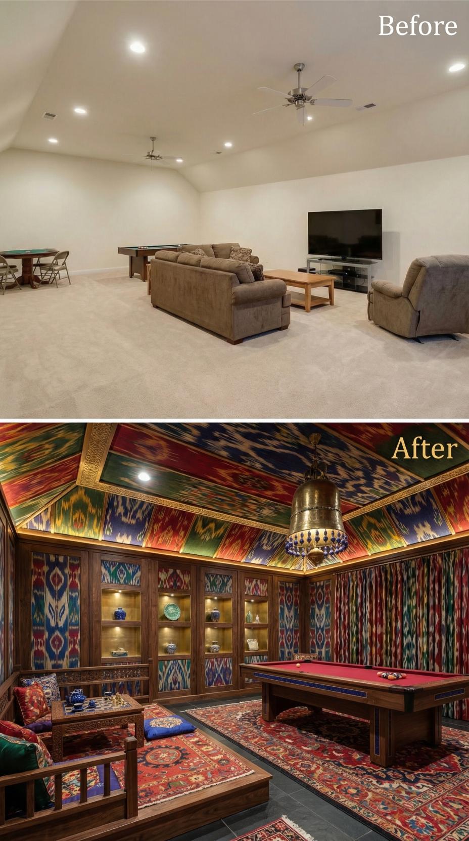 Ikat Silk Paradise with Built-In Display Niches and Ornate Brass Lantern