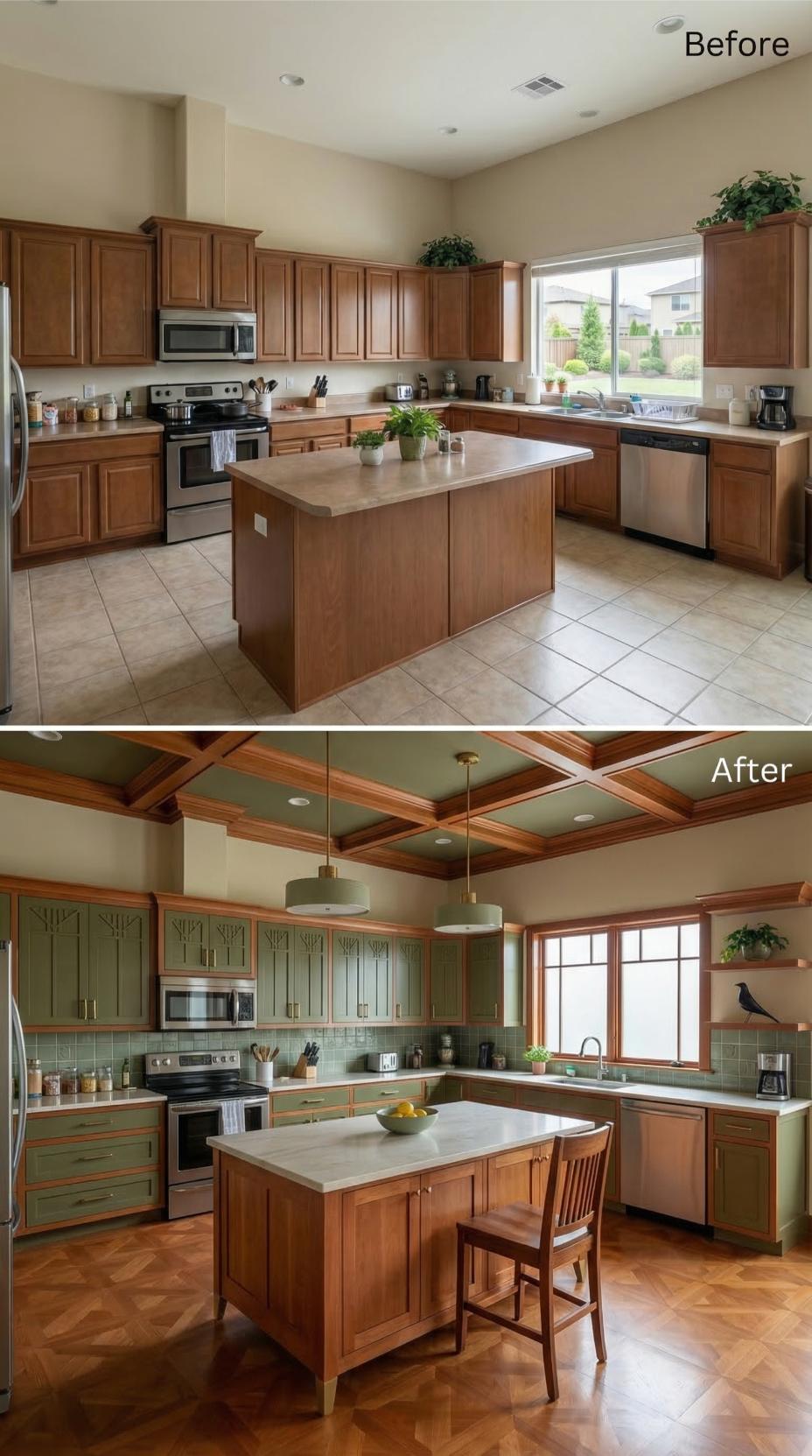 Coffered Wood Ceiling Grid and Sage Cabinet Repainting With Subway Tile
