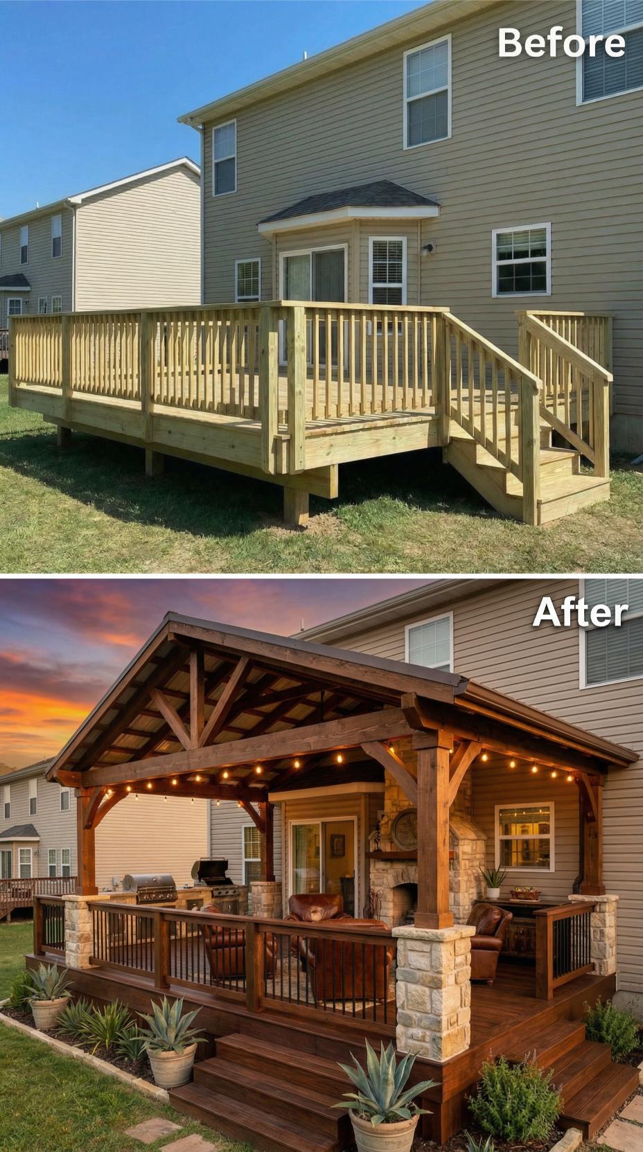 Standard Deck Rebuilt as Timber Pavilion with Stone Pillars and Outdoor Kitchen
