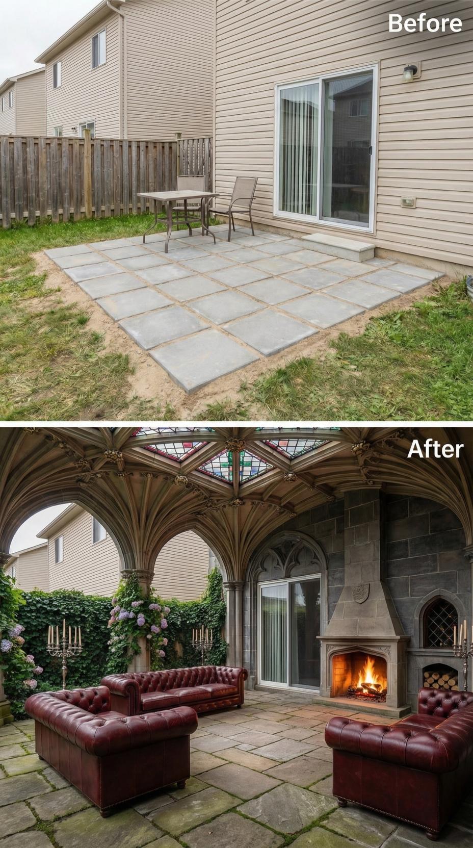 Gothic Cathedral Courtyard with Fan Vaulting and Outdoor Firewood Nook