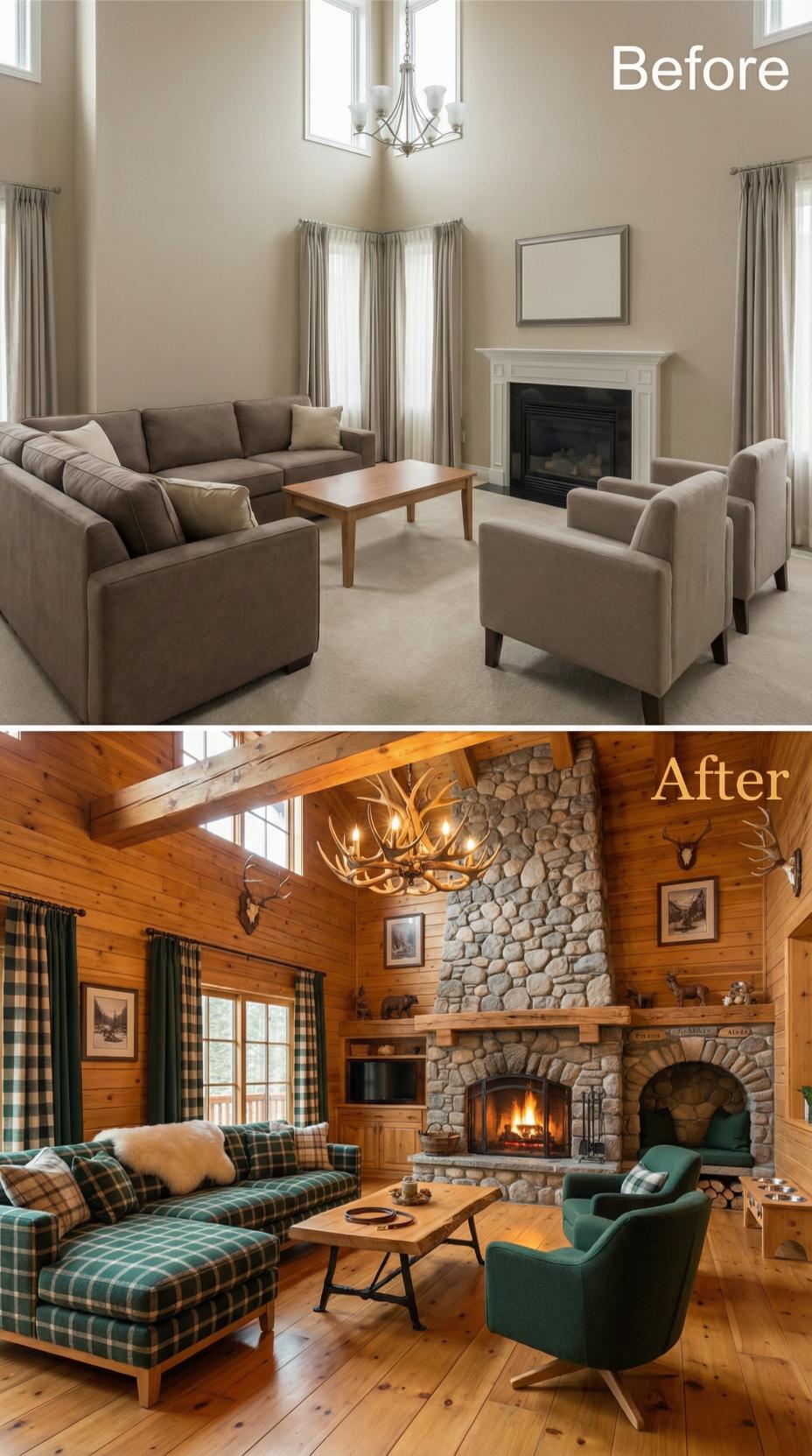 Antler Chandelier and River Rock Chimney Command Cabin Transformation