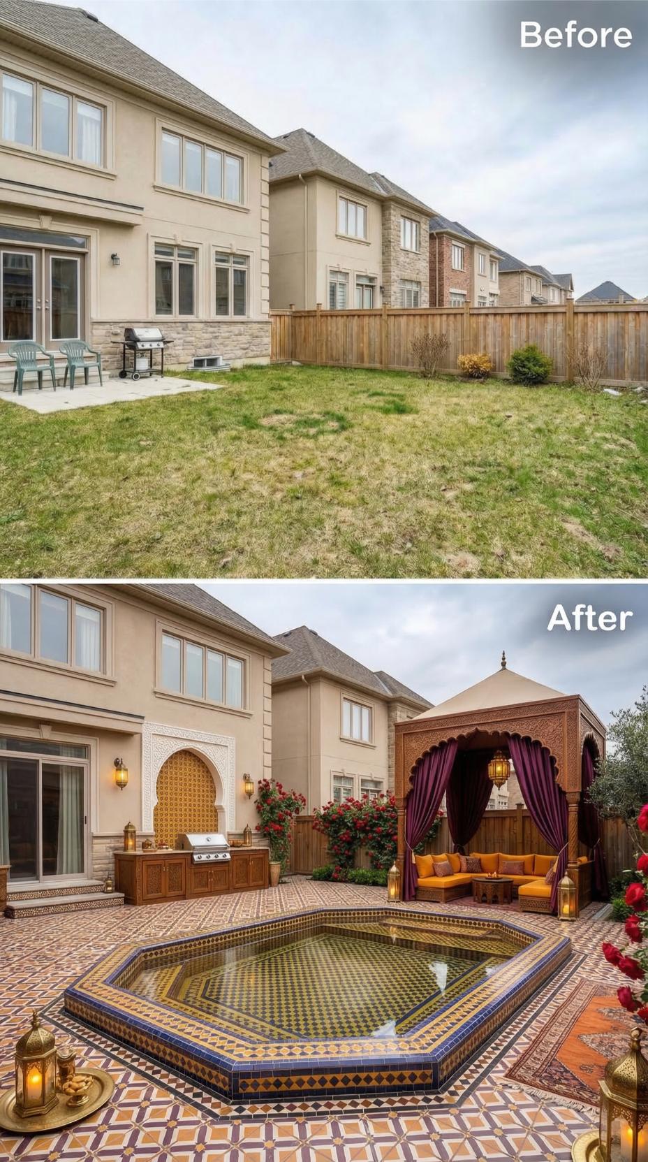 Moroccan Courtyard With Zellige Pool, Carved Pavilion, and Gold Lanterns Replaces Patchy Suburban Grass