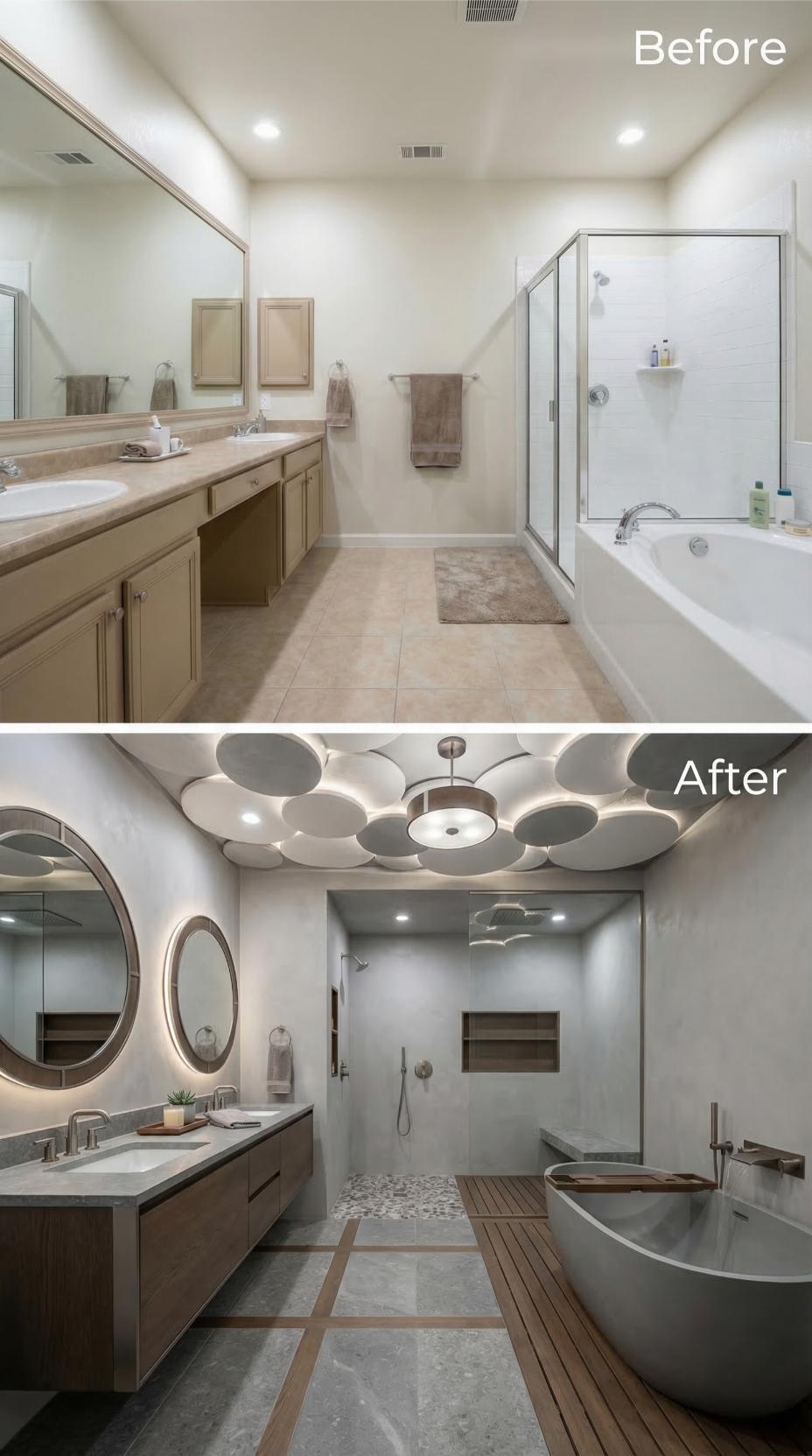 Overlapping Plaster Discs on the Ceiling, a Freestanding Concrete Tub, and Wood-Inlaid Floors Replace Tan Cabinetry