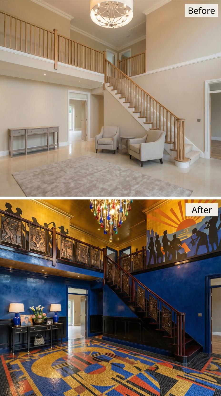 Mosaic Tile Floors, Bronze Relief Balustrades, and Silhouette Murals Buried a Beige Builder Shell