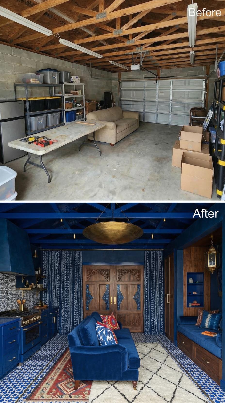 Cobalt Roof Trusses and a Hammered Brass Pendant Gave One Cluttered Garage a Moroccan Lounge Interior