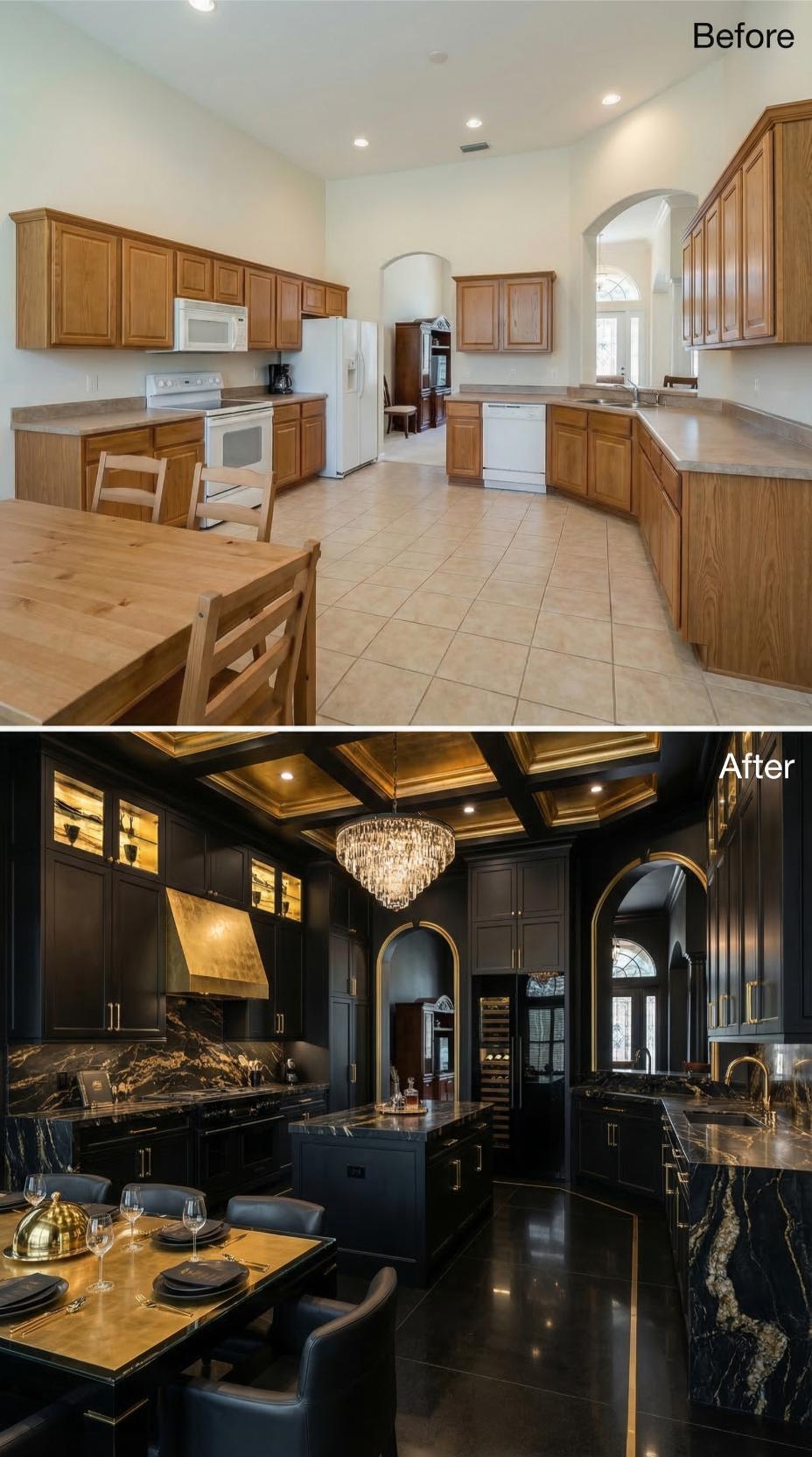Black Cabinets, Gold Coffered Ceiling, and Black Marble Bury Builder Oak in Dark Opulence