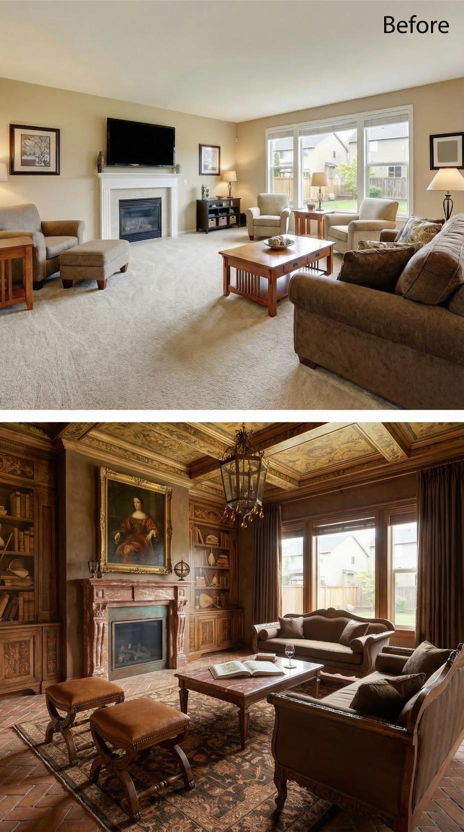 Painted Ceilings and a Marble Fireplace Surround Retired the White Mantel for Good