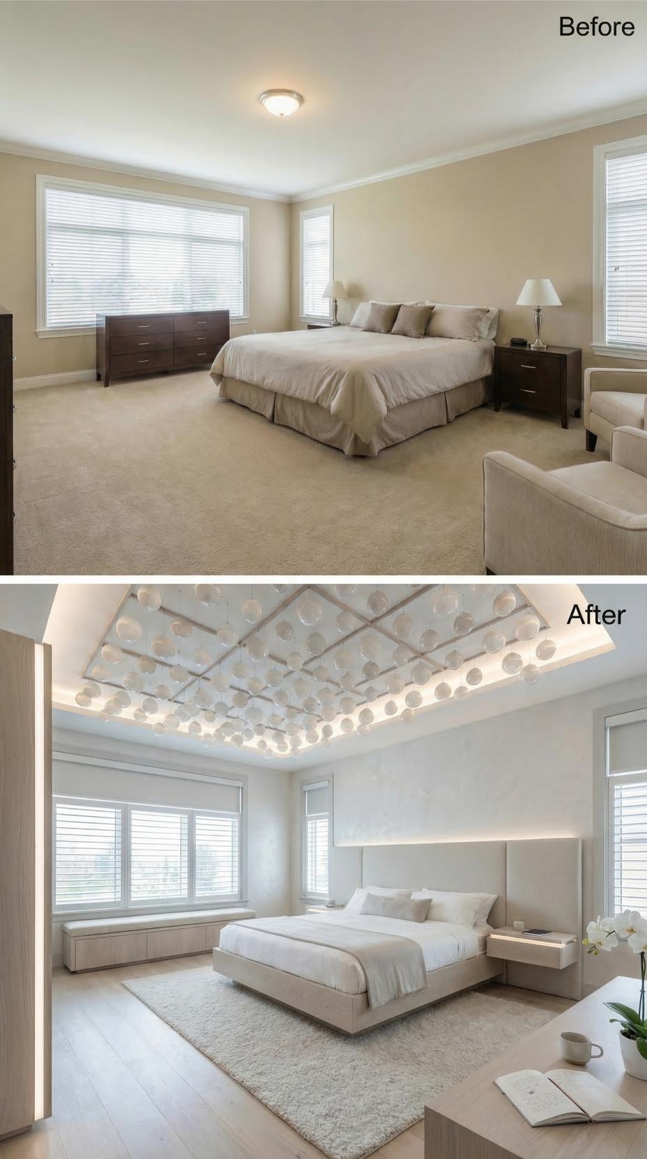 Bubble-Textured Ceiling Panels and Hardwood Floors Replaced Carpet and Flush Mount