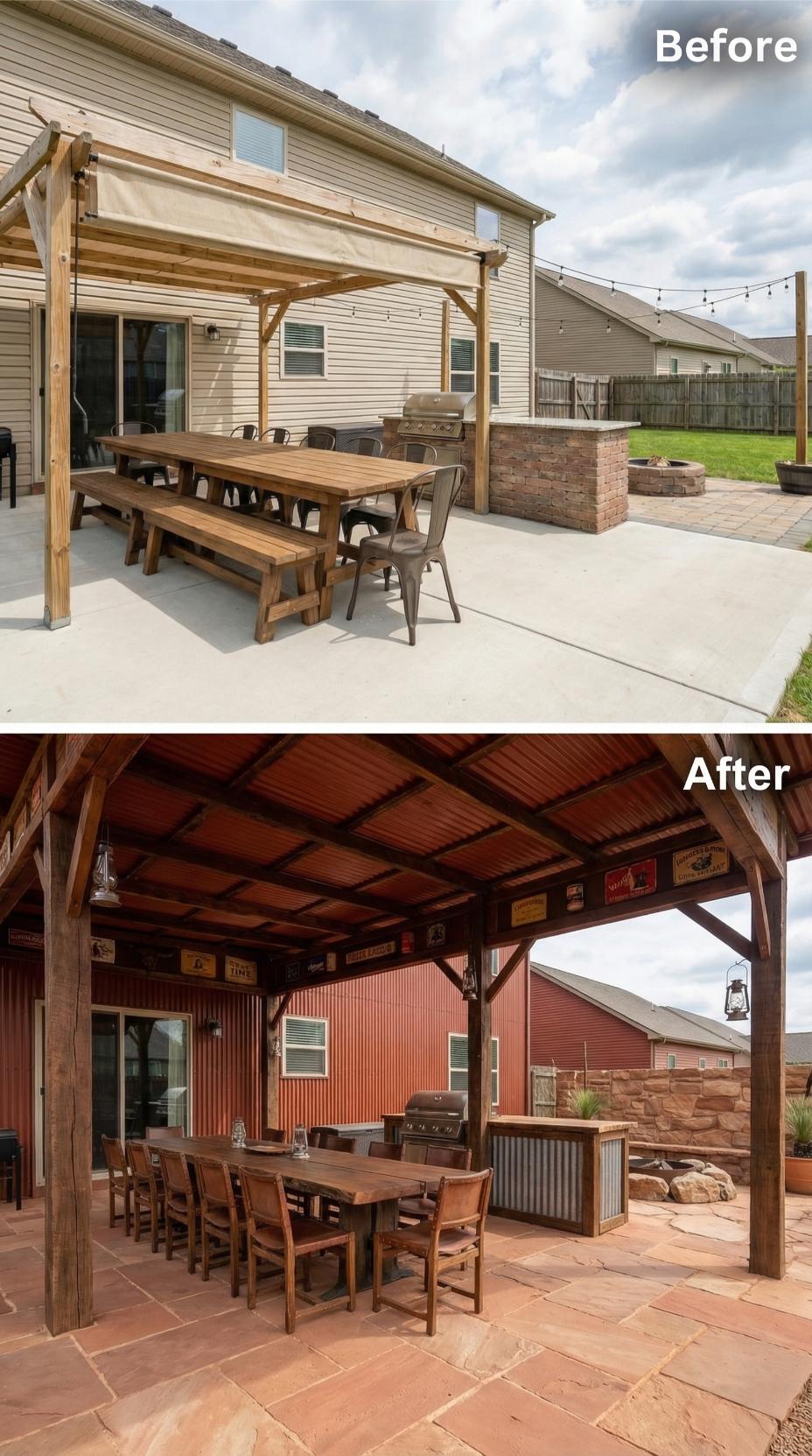 Corrugated Metal Siding with Stained Beadboard Ceiling and Bar Facade
