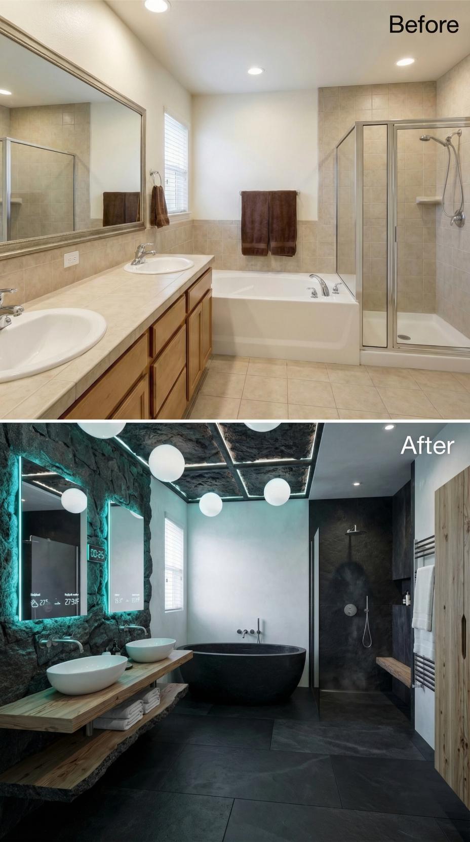 Dark Volcanic Stone, Smart Mirrors, and a Black Soaking Tub Ended Builder Beige
