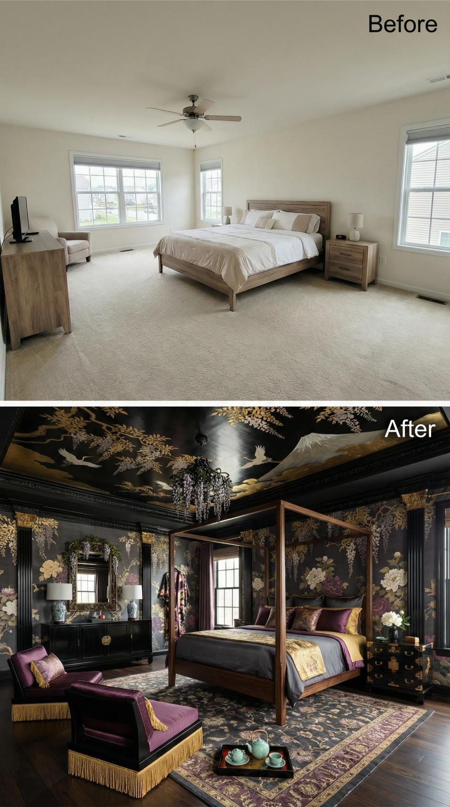 Black Lacquered Walls, Gold Chinoiserie Ceiling, and a Walnut Four-Poster That Commands the Room
