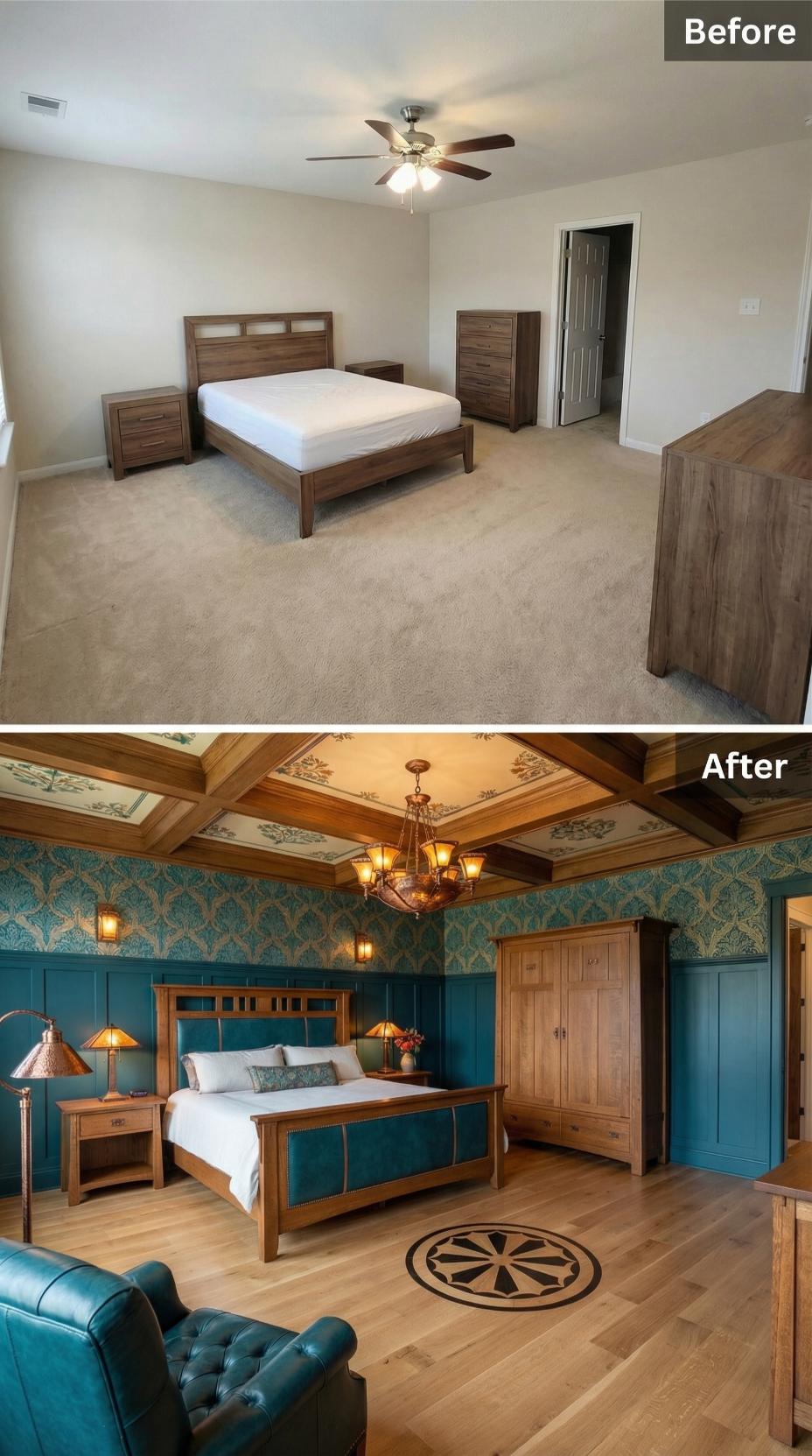Coffered Ceiling Medallion and Teal Wainscot Panels Install Arts and Crafts Drama