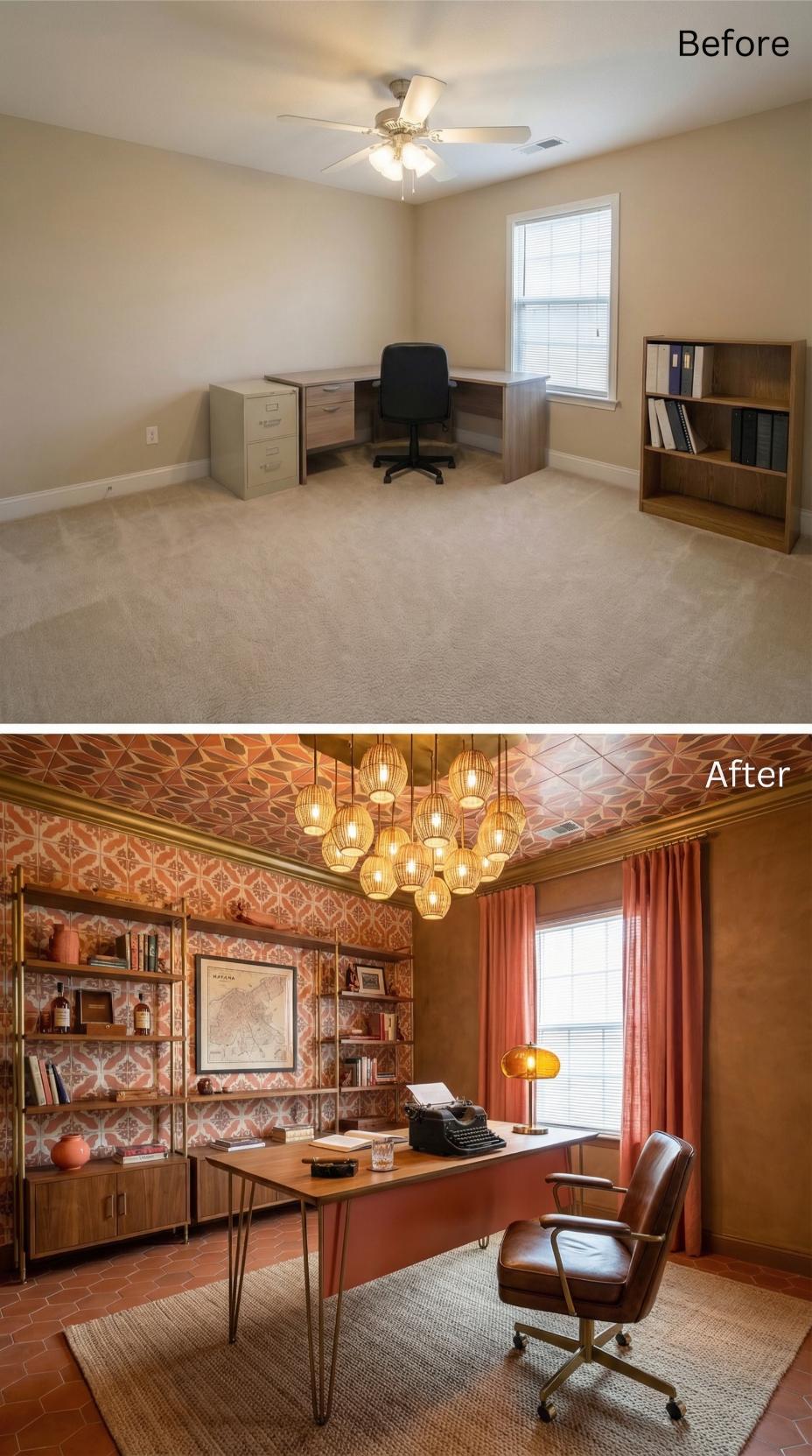 Patterned Terracotta Tiles and Burnt Orange Drapery Frame Mid-Century Desk