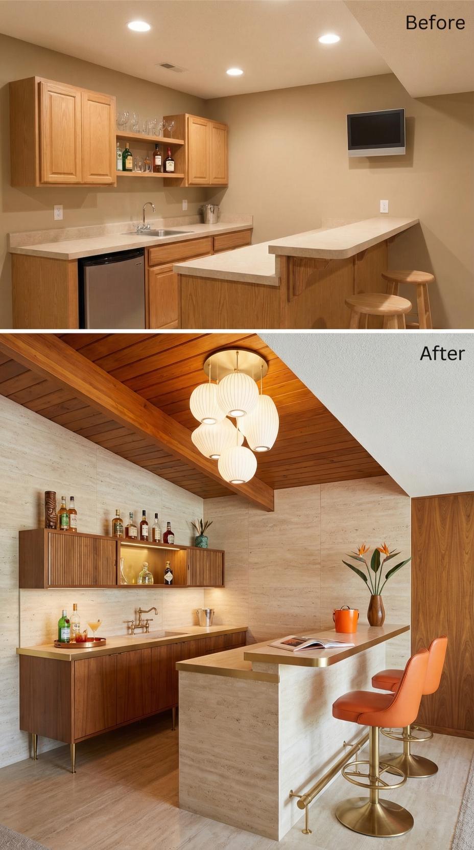 Ribbed Walnut Cabinets and Globe Chandelier Replace Beige Oak Basement