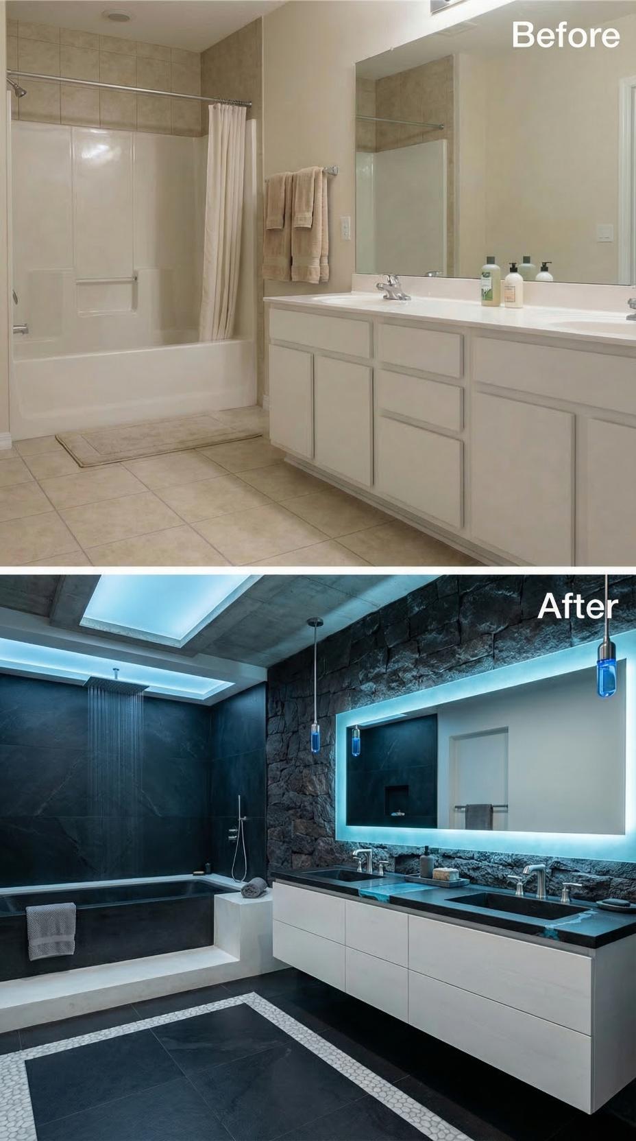 Backlit Skylight Trays and Black Stone Replace Beige Tile Shell