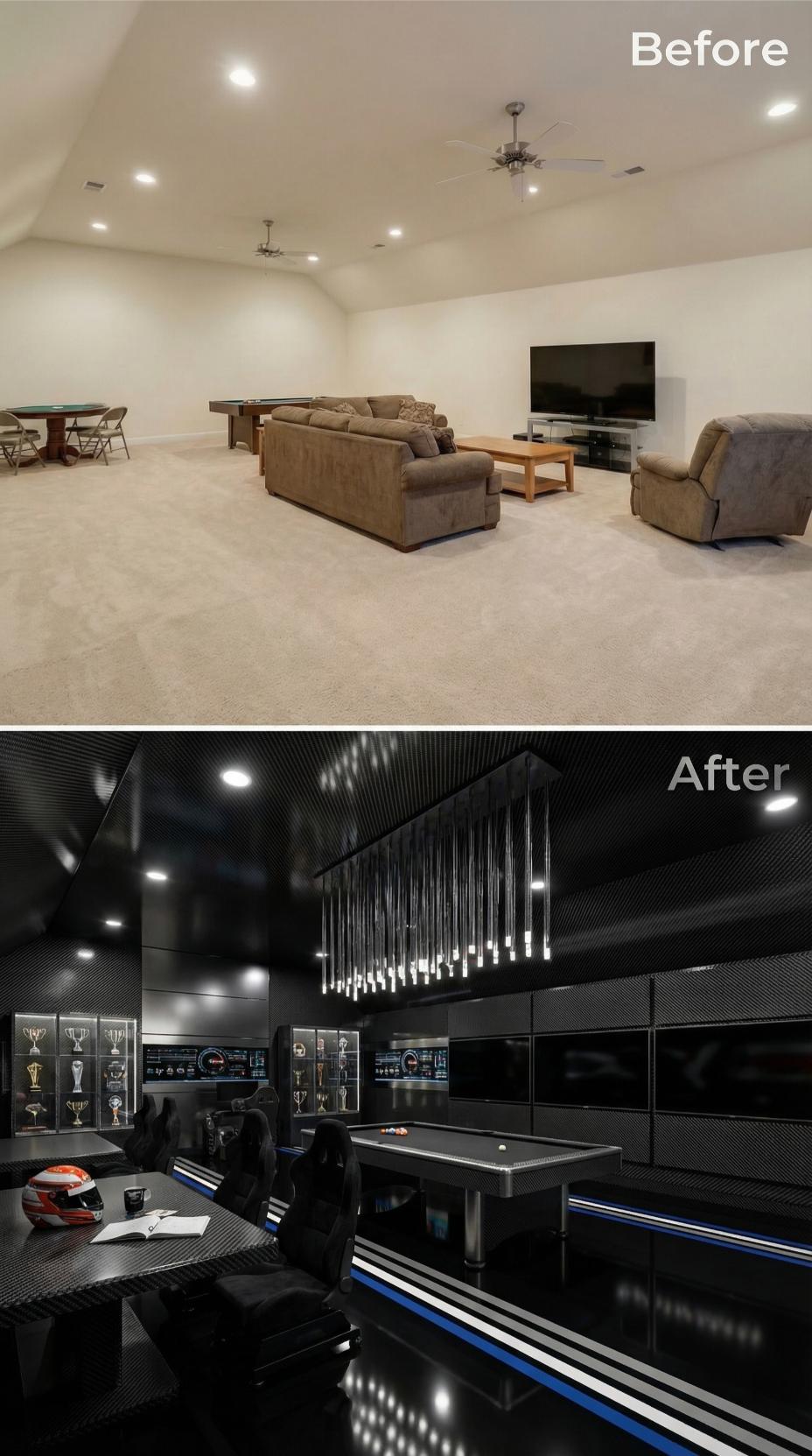 Racing Garage Trophy Room with Carbon Fiber Walls and Suspended Rod Chandelier