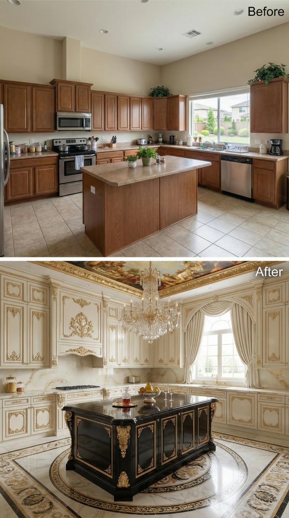 Gilded Baroque Ceiling Mural and Crystal Chandelier Over Black Island