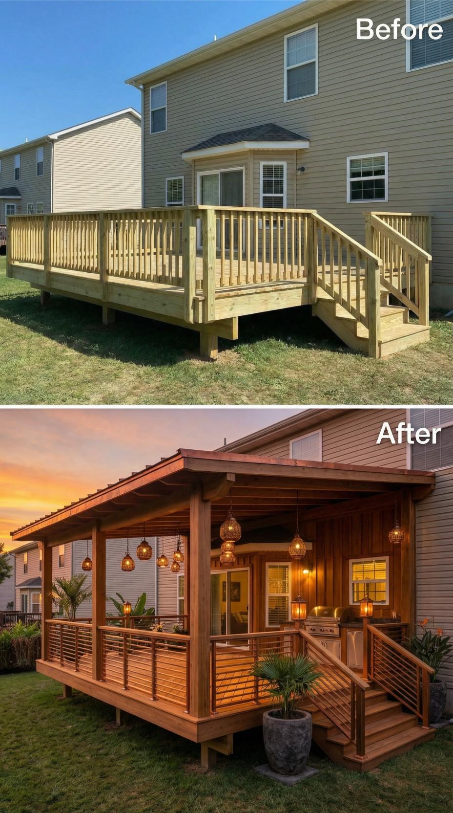 Natural Pine Platform Becomes Covered Pavilion with Horizontal Slat Railing