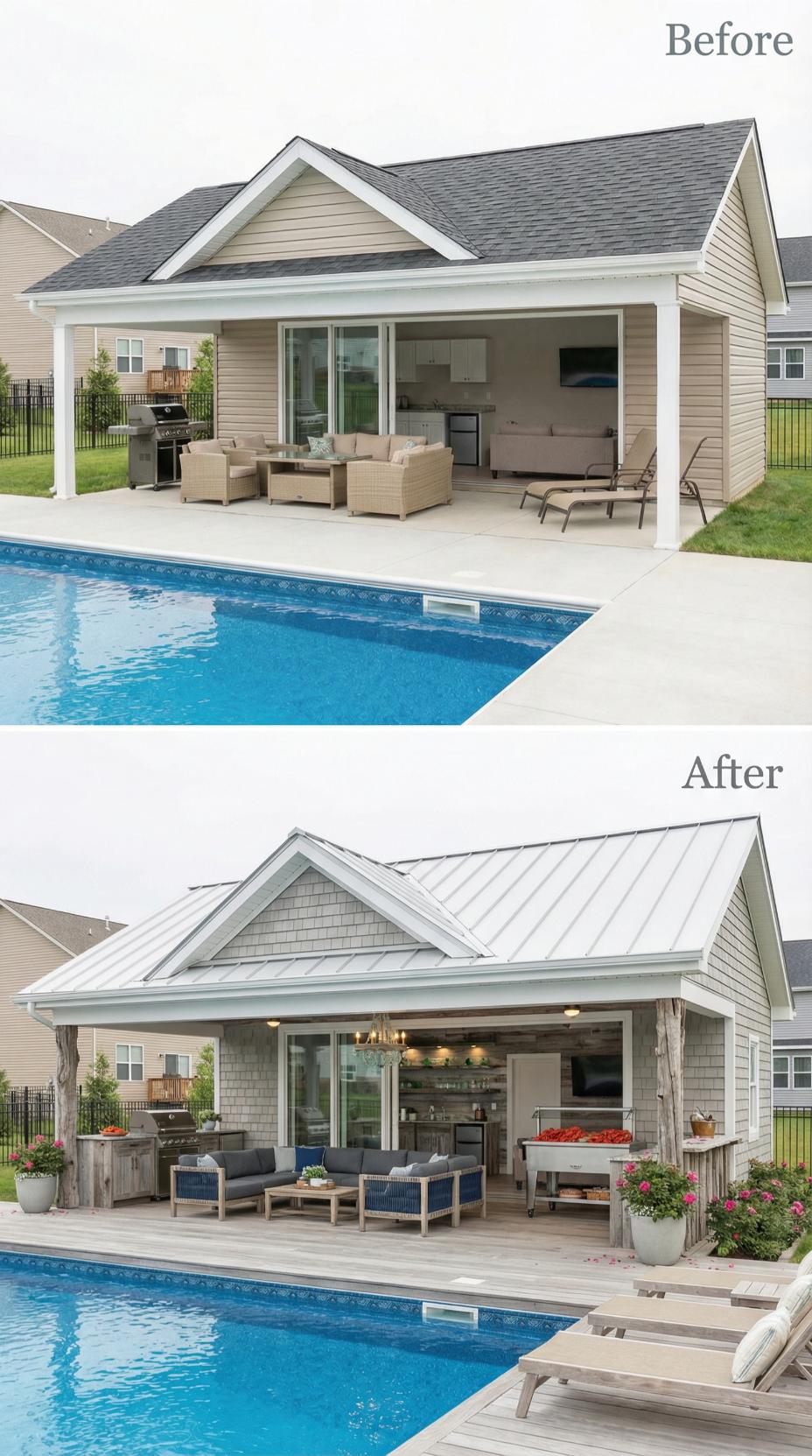 White Standing Seam Metal and Stone Columns Replace Asphalt Shingles
