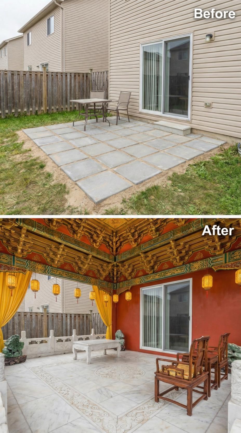 Chinese Imperial Courtyard with Carved Brackets and Lantern String
