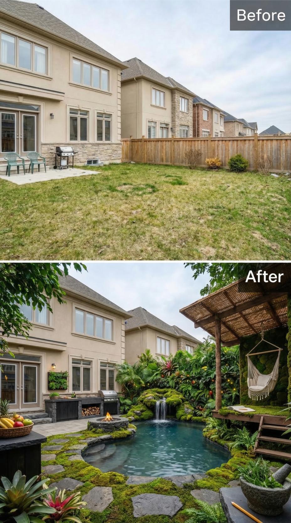 Mossy Boulders, a Natural-Edge Pool, and a Thatched Pergola Replace a Patchy Builder Lawn