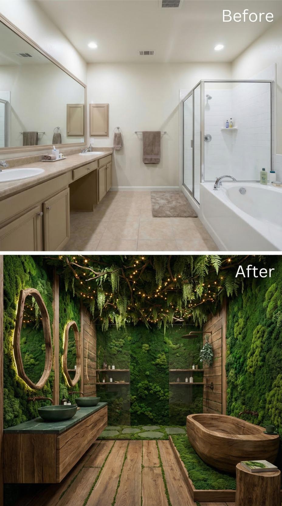 Moss Walls, Fairy Lights in Driftwood Branches, and a Carved Soaking Tub Replace Builder Beige