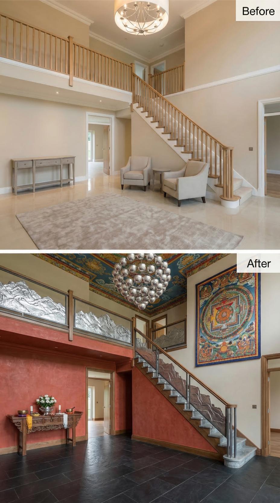 Tibetan Thangka, Crimson Plaster Walls, and Marble Stairs Erased a Builder Foyer