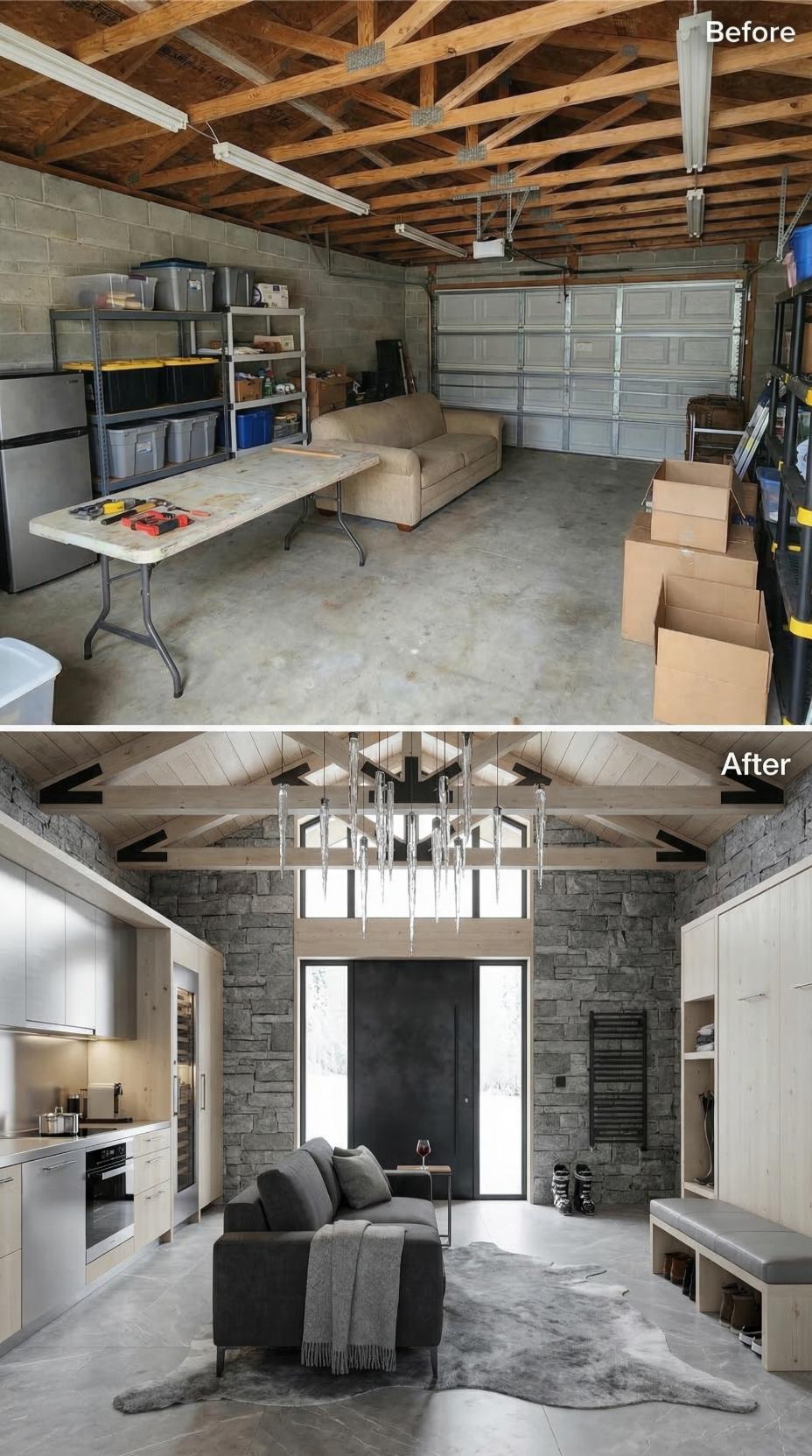 Stone Walls, Icicle Crystal Pendant, and Bleached Trusses Replaced a Garage Full of Folding Tables