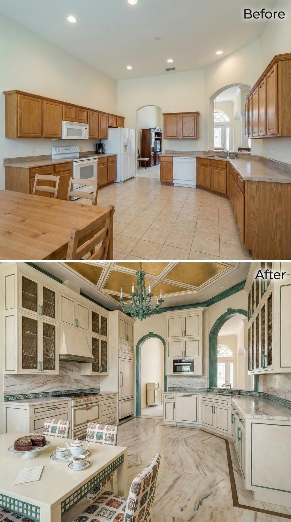 Gilded Coffered Ceiling and Malachite Trim Pull Builder Oak Into Venetian Palace Territory