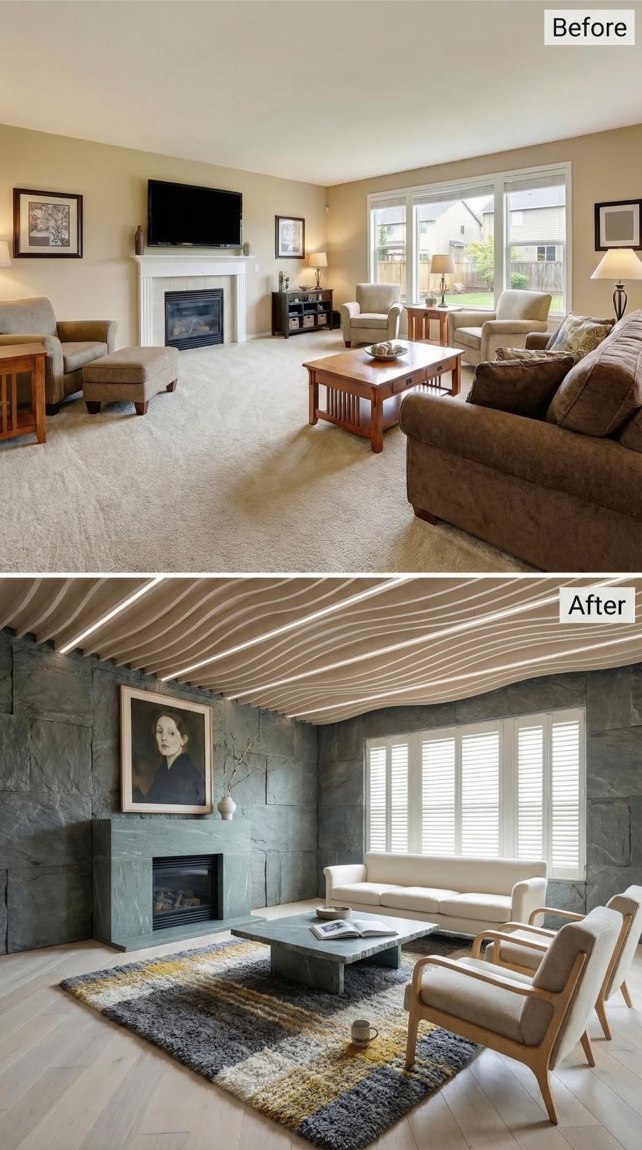 Slate Stone Walls and Undulating Wood Ceiling Fins Closed the Carpet Chapter