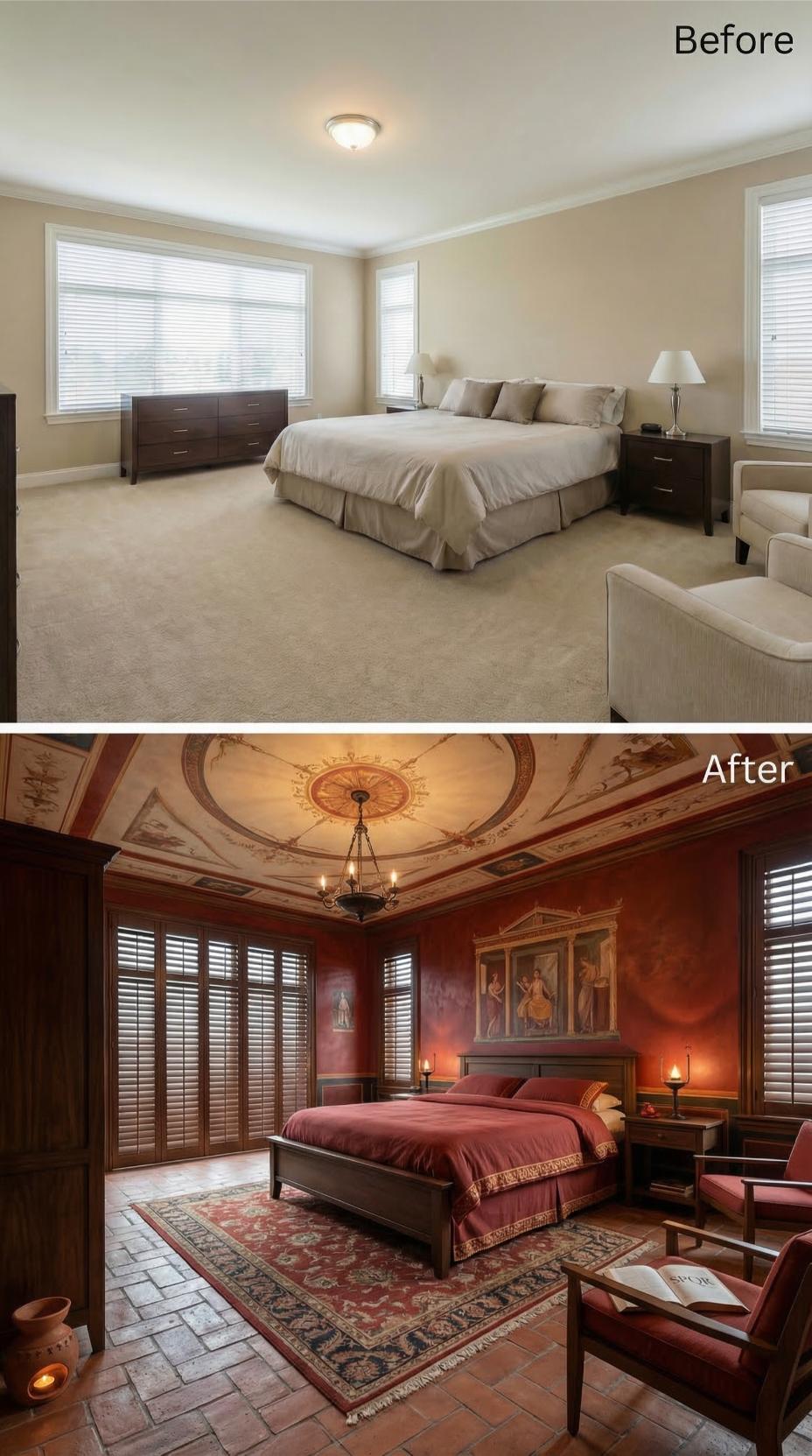 Pompeian Red Walls and a Fresco Ceiling Replaced Beige Carpet and Flush Mount